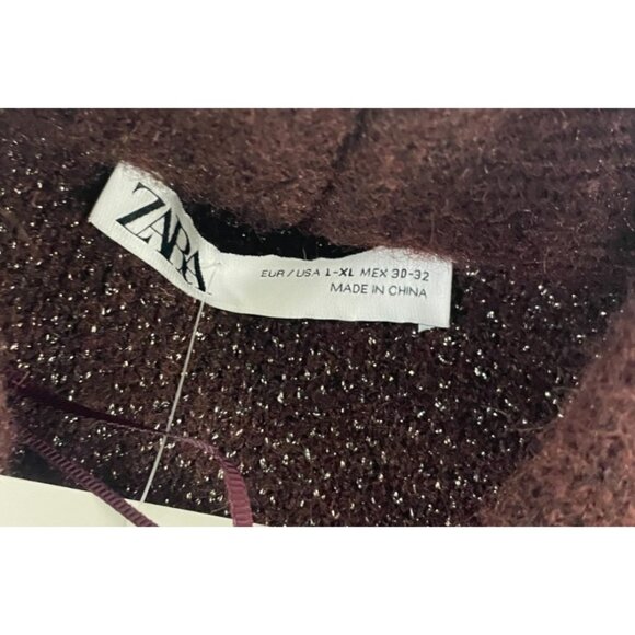 Zara Women Sweater Cardigan Coat L XL Wine Metallic Thread Jacquard 2756/128 NWT - Picture 5 of 15